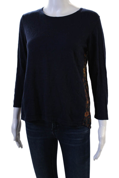 Kachal X Anthropologie Women Dark Blue Floral Crew Neck 3/4 Sleeve Top Size 8