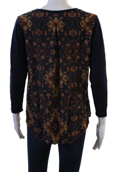 Kachal X Anthropologie Women Dark Blue Floral Crew Neck 3/4 Sleeve Top Size 8