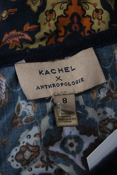 Kachal X Anthropologie Women Dark Blue Floral Crew Neck 3/4 Sleeve Top Size 8