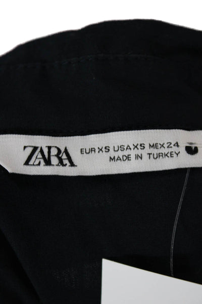 Zara Women Black Cotton Collared Button Up Blouse Long Sleeve Size XS