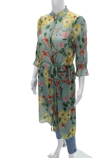 Zara Woman Womens Shirt Dress Green Floral Collared Button 3/4 Sleeve Size XS