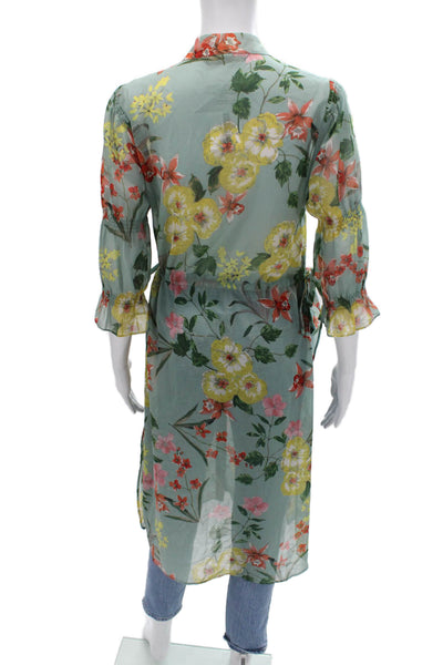 Zara Woman Womens Shirt Dress Green Floral Collared Button 3/4 Sleeve Size XS