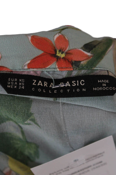 Zara Woman Womens Shirt Dress Green Floral Collared Button 3/4 Sleeve Size XS