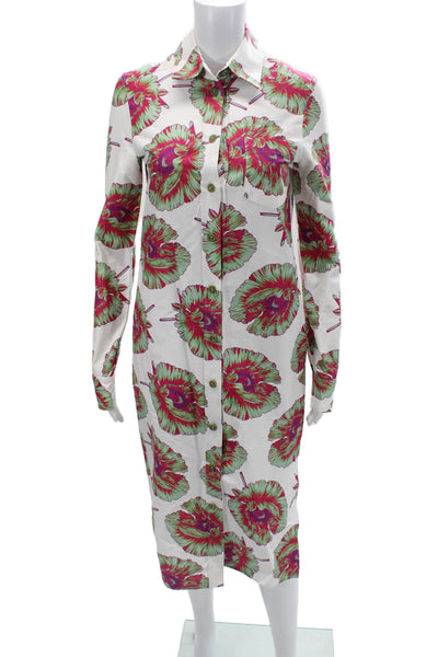 Altuzarra Women Shirt Dress Green Floral Cotton Blend Long Sleeve Button Size L