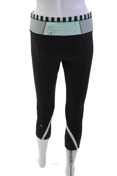 Lululemon Womens Black Striped Cropped Capri Leggings Nylon Blend Zip Size 8