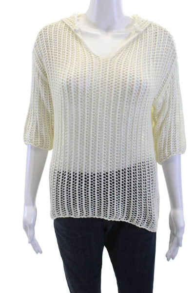 Ash Rain + Oak Womens Pullover Hoodie V Neck 3/4 Sleeve White Size S
