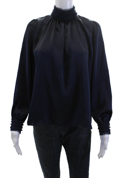 Zara Basic Womens Long Sleeve High Neck Button Blouse Dark Blue Size XS