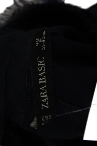 Zara Basic Womens Long Sleeve High Neck Button Blouse Dark Blue Size XS