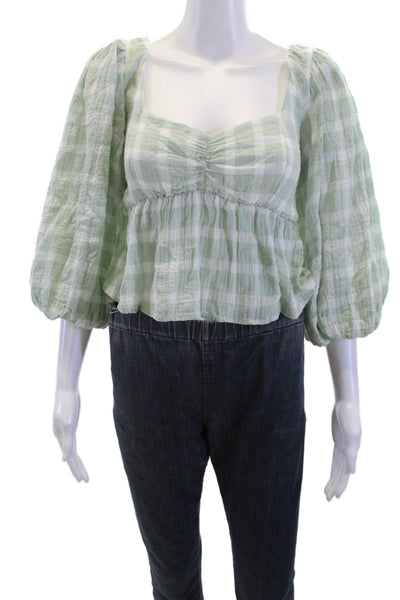Show Me Your Mumu Women Cropped Green Square Neck 3/4 Sleeve Blouse Size S