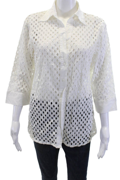 Aqua Women White Geometric Cotton Collared Button-Up 3/4 Sleeve Size S