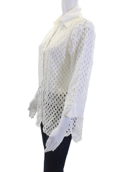 Aqua Women White Geometric Cotton Collared Button-Up 3/4 Sleeve Size S