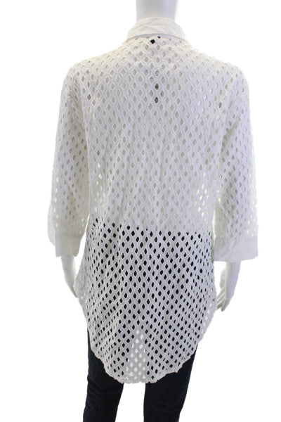 Aqua Women White Geometric Cotton Collared Button-Up 3/4 Sleeve Size S