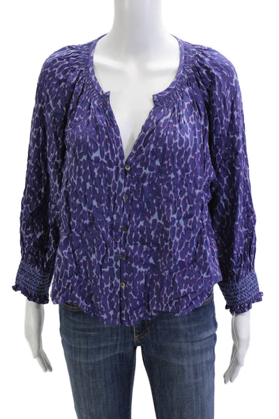 Rails Womens Purple Leopard Blouse 3/4 Sleeve Button Up Round Neck Size M