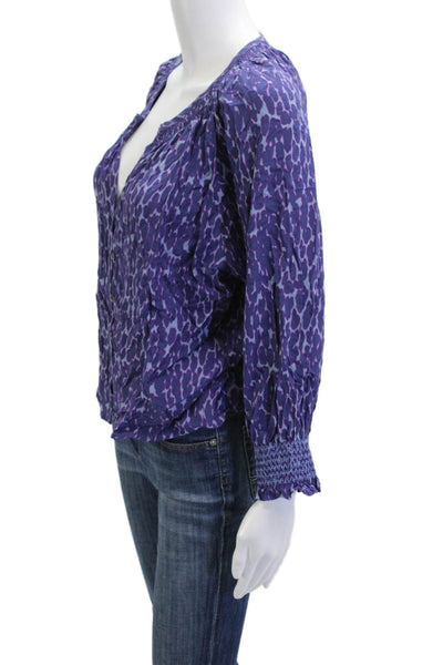 Rails Womens Purple Leopard Blouse 3/4 Sleeve Button Up Round Neck Size M