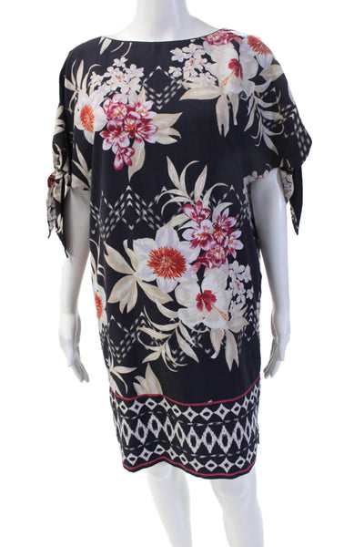 Vince Camuto Women Black Floral Kaftan Shift Dress Short Round Neck Size 6
