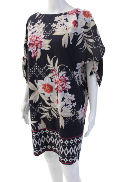 Vince Camuto Women Black Floral Kaftan Shift Dress Short Round Neck Size 6