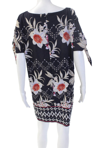 Vince Camuto Women Black Floral Kaftan Shift Dress Short Round Neck Size 6