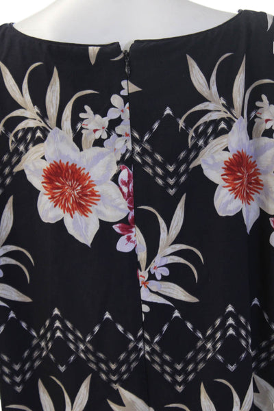 Vince Camuto Women Black Floral Kaftan Shift Dress Short Round Neck Size 6