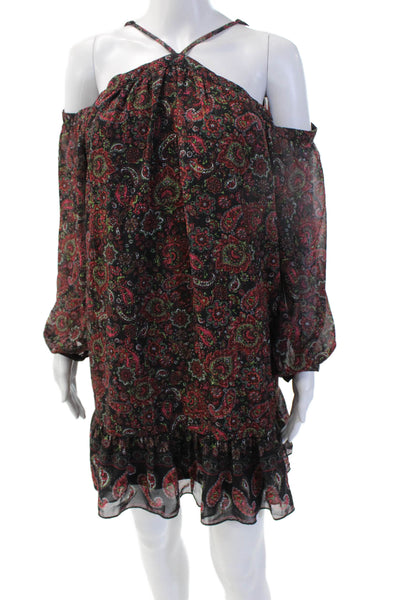 Aqua Womens Shift Dress Black Paisley Long Sleeve Short Size M