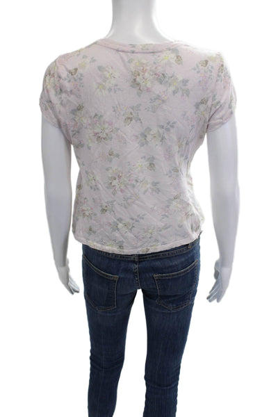 La Vie Women Cropped T-Shirt Pink Crew Neck Short Sleeve Linen Cotton Size S