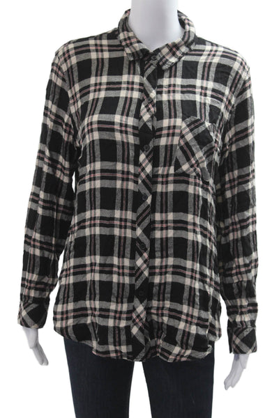 Rails Women Plaid Collared Button-Up Black Rayon Long Sleeve 90s Size L