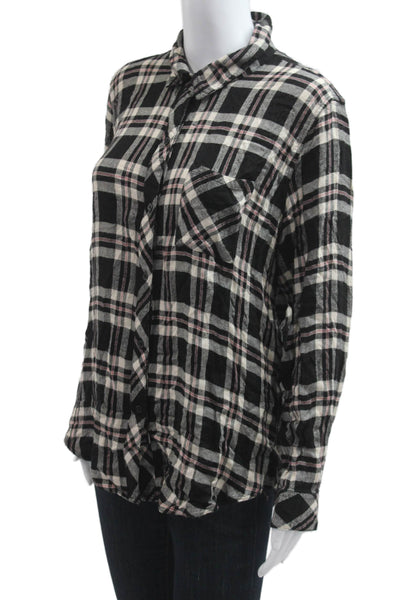 Rails Women Plaid Collared Button-Up Black Rayon Long Sleeve 90s Size L