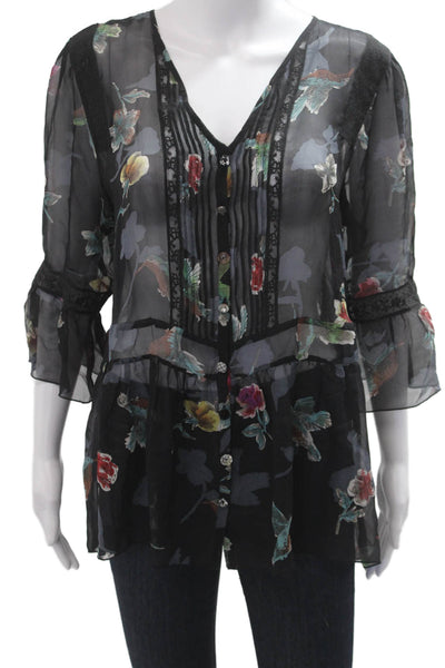 4 Love And Liberty Women Tunic Floral V-Neck 3/4 Sleeve Black Size M