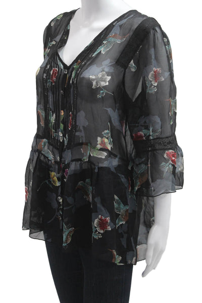 4 Love And Liberty Women Tunic Floral V-Neck 3/4 Sleeve Black Size M