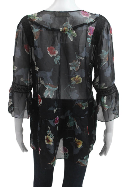 4 Love And Liberty Women Tunic Floral V-Neck 3/4 Sleeve Black Size M