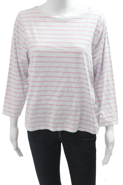 J Crew Women Pink Striped Cotton Basic T Shirt Round Neck 3/4 Sleeve Size L