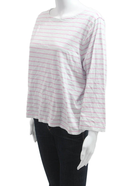J Crew Women Pink Striped Cotton Basic T Shirt Round Neck 3/4 Sleeve Size L