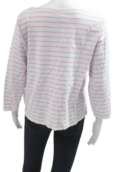 J Crew Women Pink Striped Cotton Basic T Shirt Round Neck 3/4 Sleeve Size L