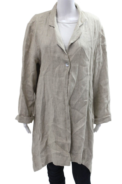 Bryn Walker Womens Linen One Button Long Sleeve Printed Blazer Light Brown Sz L