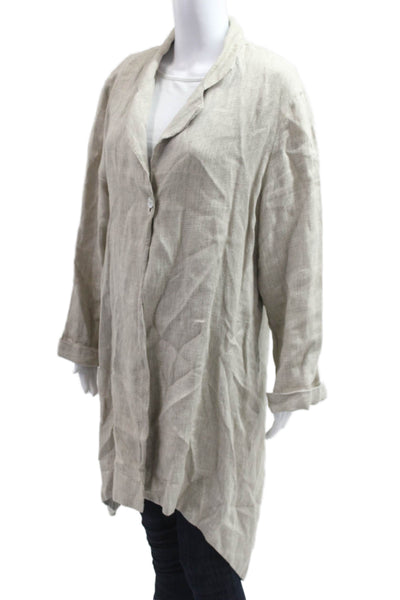 Bryn Walker Womens Linen One Button Long Sleeve Printed Blazer Light Brown Sz L