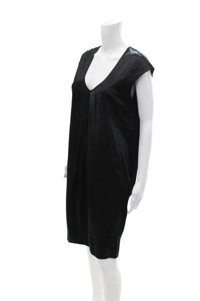 Vince Women Shift Dress Black V Neck Short Sleeve Cotton Knee Length Size M