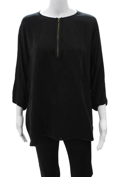 Vince Women Silk Blend Tunic Blouse Black 3/4 Dolman Round Neck Zip Size M
