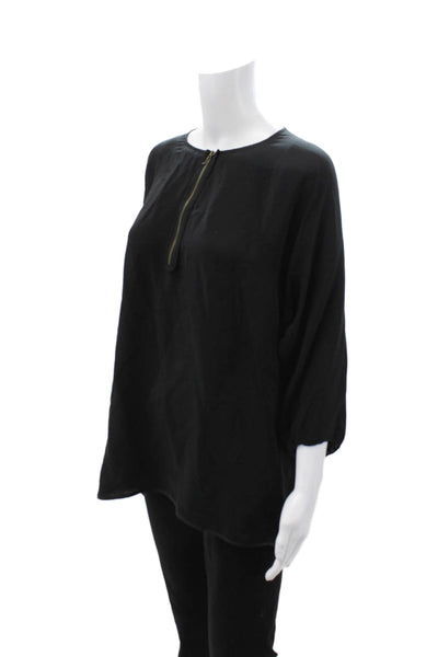 Vince Women Silk Blend Tunic Blouse Black 3/4 Dolman Round Neck Zip Size M