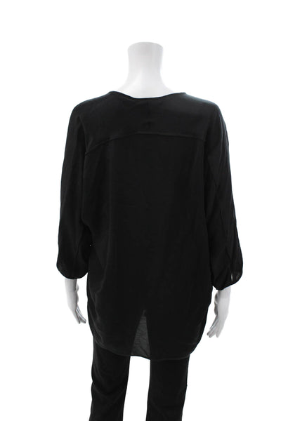 Vince Women Silk Blend Tunic Blouse Black 3/4 Dolman Round Neck Zip Size M