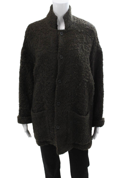 Eskandar Women Dark Gray High Neck Wool Silk Button Coat Long Sleeve Size 1