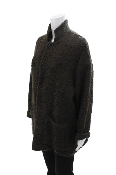 Eskandar Women Dark Gray High Neck Wool Silk Button Coat Long Sleeve Size 1