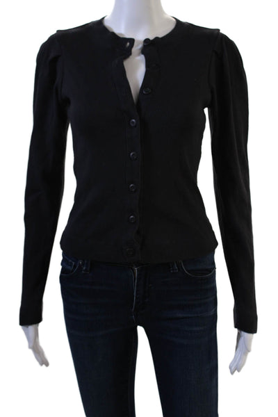 Amo Women Basic Black Cotton Crew Neck Button Up Sweater Long Sleeve Size S