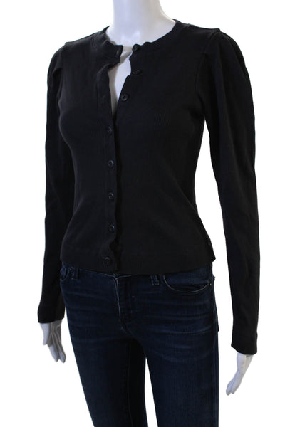 Amo Women Basic Black Cotton Crew Neck Button Up Sweater Long Sleeve Size S