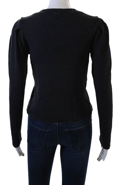 Amo Women Basic Black Cotton Crew Neck Button Up Sweater Long Sleeve Size S