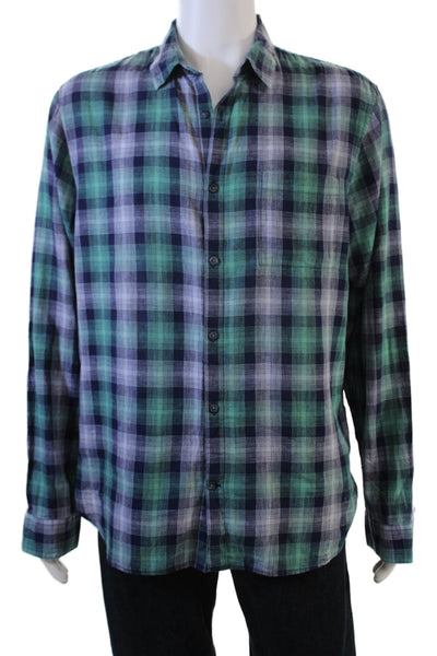 Vince Mens Button Front Collared Plaid Classic Fit Shirt Green Blue Size Large
