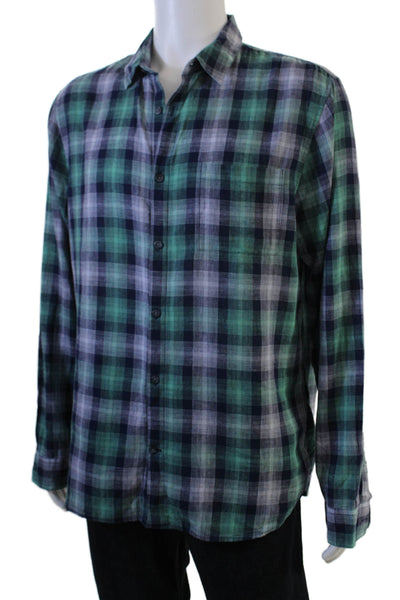 Vince Mens Button Front Collared Plaid Classic Fit Shirt Green Blue Size Large