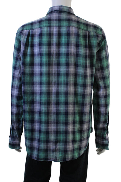 Vince Mens Button Front Collared Plaid Classic Fit Shirt Green Blue Size Large