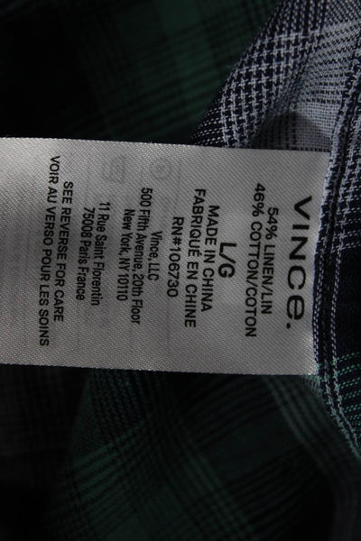 Vince Mens Button Front Collared Plaid Classic Fit Shirt Green Blue Size Large