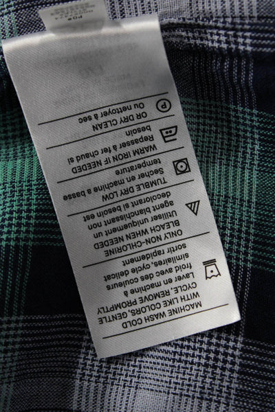 Vince Mens Button Front Collared Plaid Classic Fit Shirt Green Blue Size Large