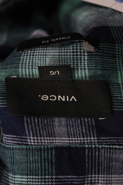 Vince Mens Button Front Collared Plaid Classic Fit Shirt Green Blue Size Large