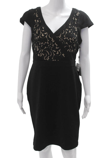 Adrianna Papell Women Black Sheath Dress V Neck Short Sleeve Size 8
